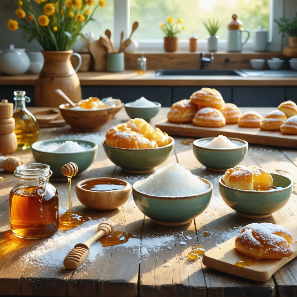 Plusieurs alternatives à la trimoline présentées dans des petits bols sur une table de cuisine avec ustensiles et pâtisseries