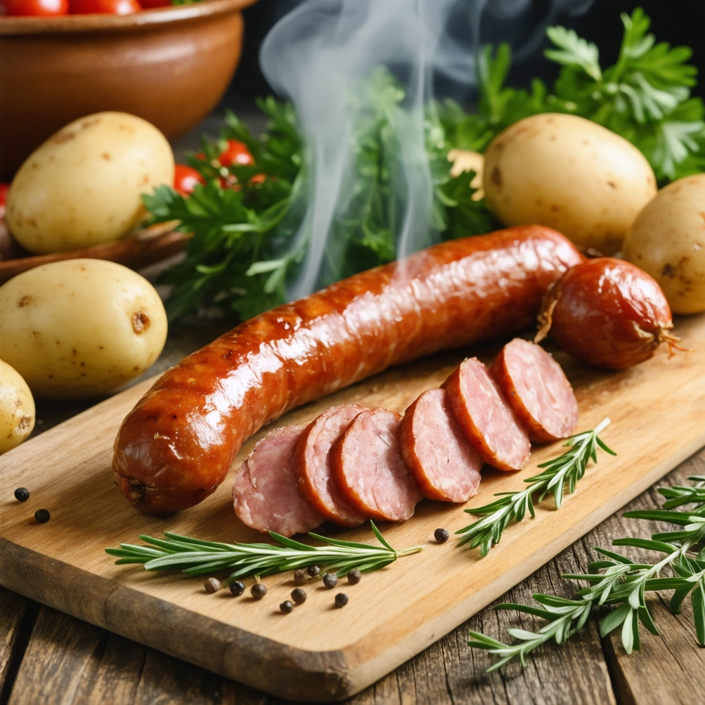 Cuisson d'une andouille coupée en tranches sur une planche, accompagnée de pommes de terre et d'herbes dans une cuisine rustique française