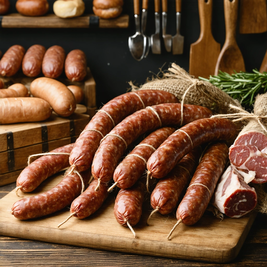 Sélection d’andouilles artisanales bien ficelées sur une planche dans une boucherie ou un marché, prêtes à être achetées.