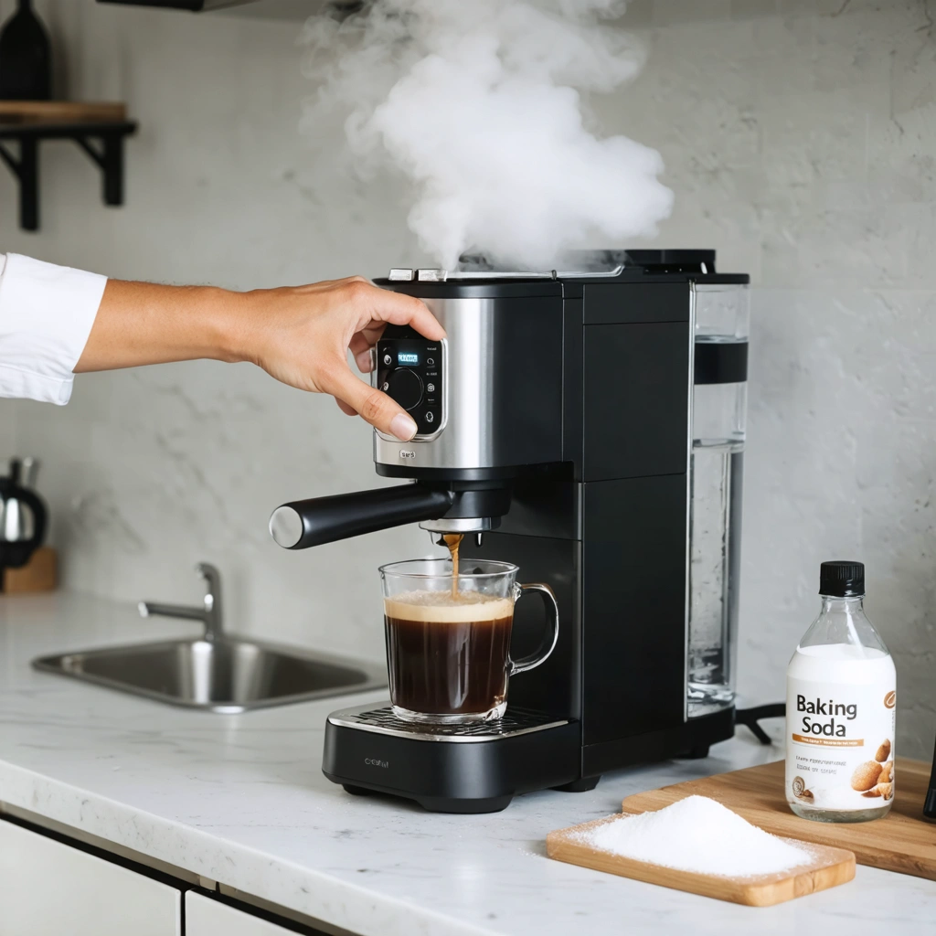 Une personne nettoie une machine à café avec une solution de bicarbonate de soude, un récipient d’eau et une boîte de bicarbonate posés à côté, dans une ambiance de cuisine chaleureuse et propre.