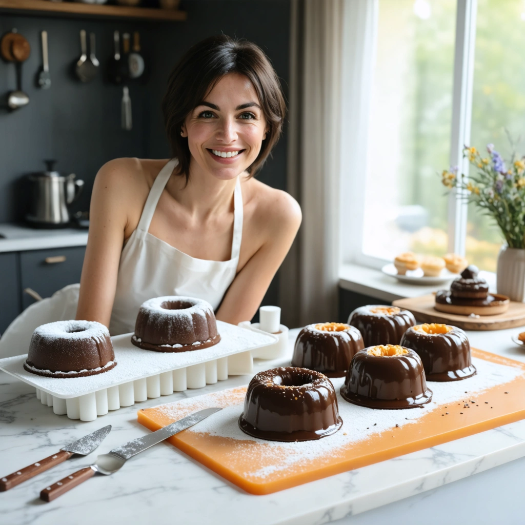 Table de cuisine avec moule à dessert, tapis en silicone, papier sulfurisé, bande de rhodoïd et entremets au glaçage miroir réalisés par une pâtissière souriante.