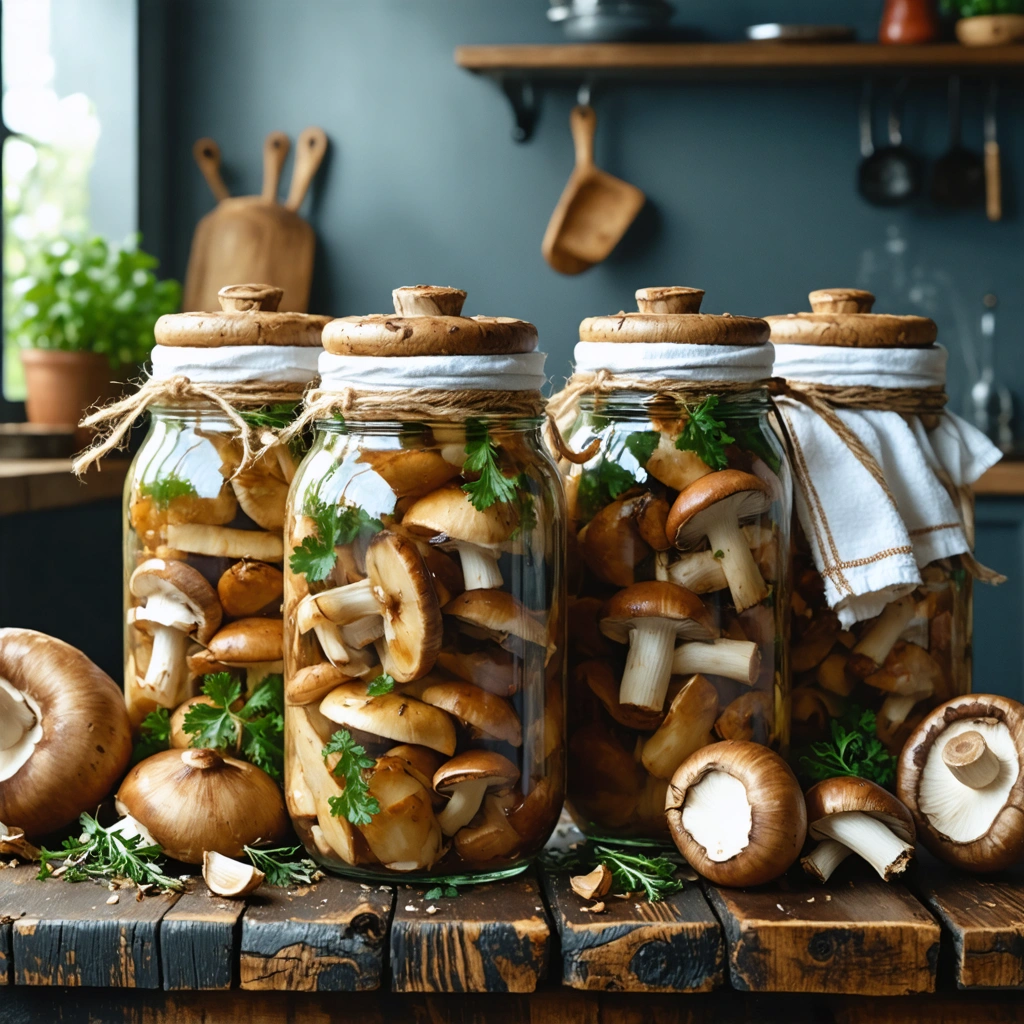 Plusieurs bocaux en verre remplis de champignons cuits posés sur une table en bois, entourés de champignons frais et d’herbes aromatiques, dans une cuisine chaleureuse.