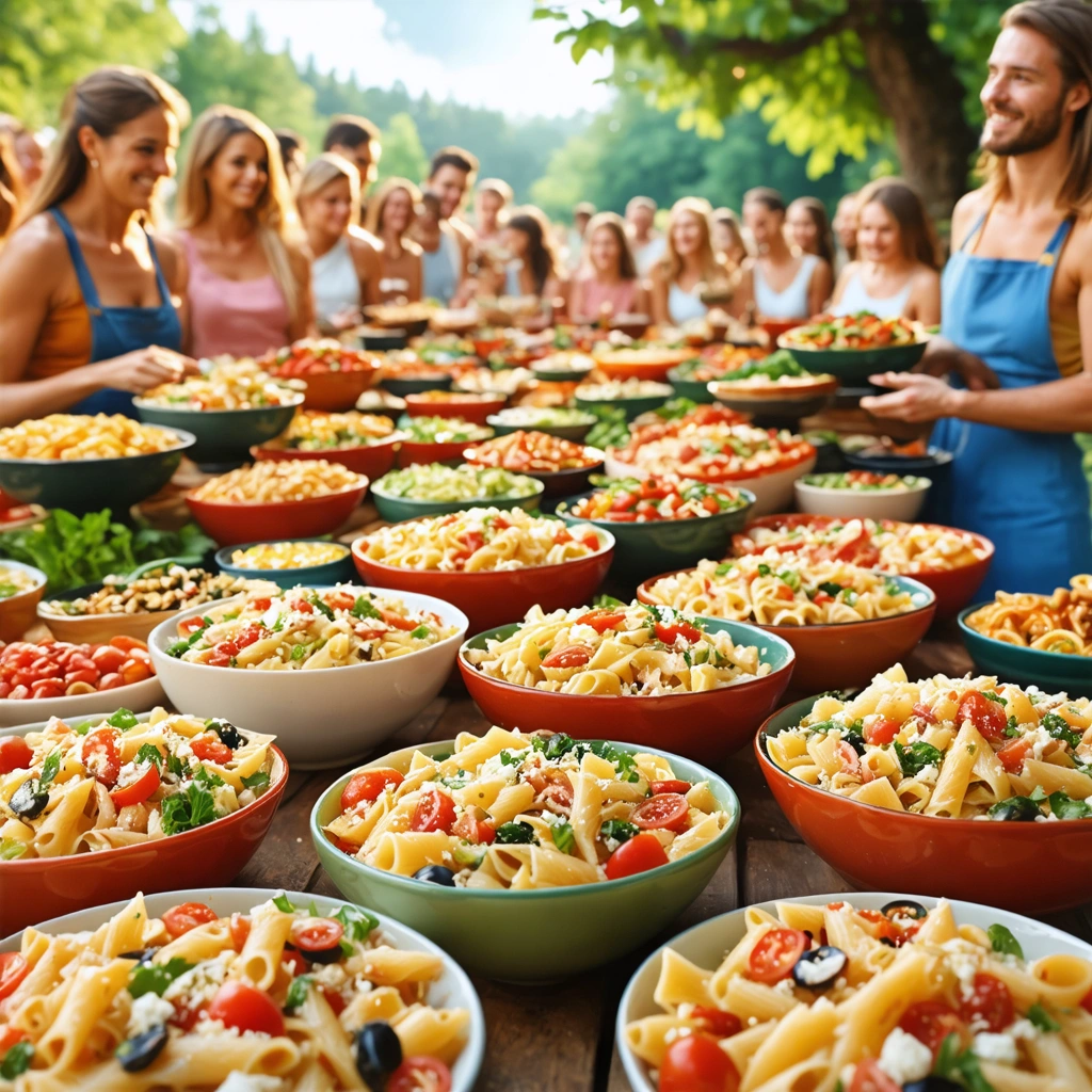 Buffet de salade de pâtes pour 50 personnes servi sur une grande table avec des invités qui se servent dans une ambiance festive