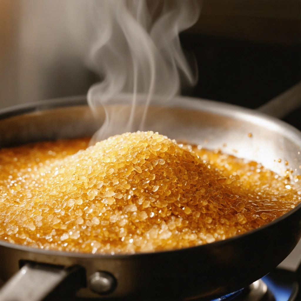 Du sucre en train de fondre et de prendre une couleur dorée dans une casserole, illustrant le processus délicat de la caramélisation.