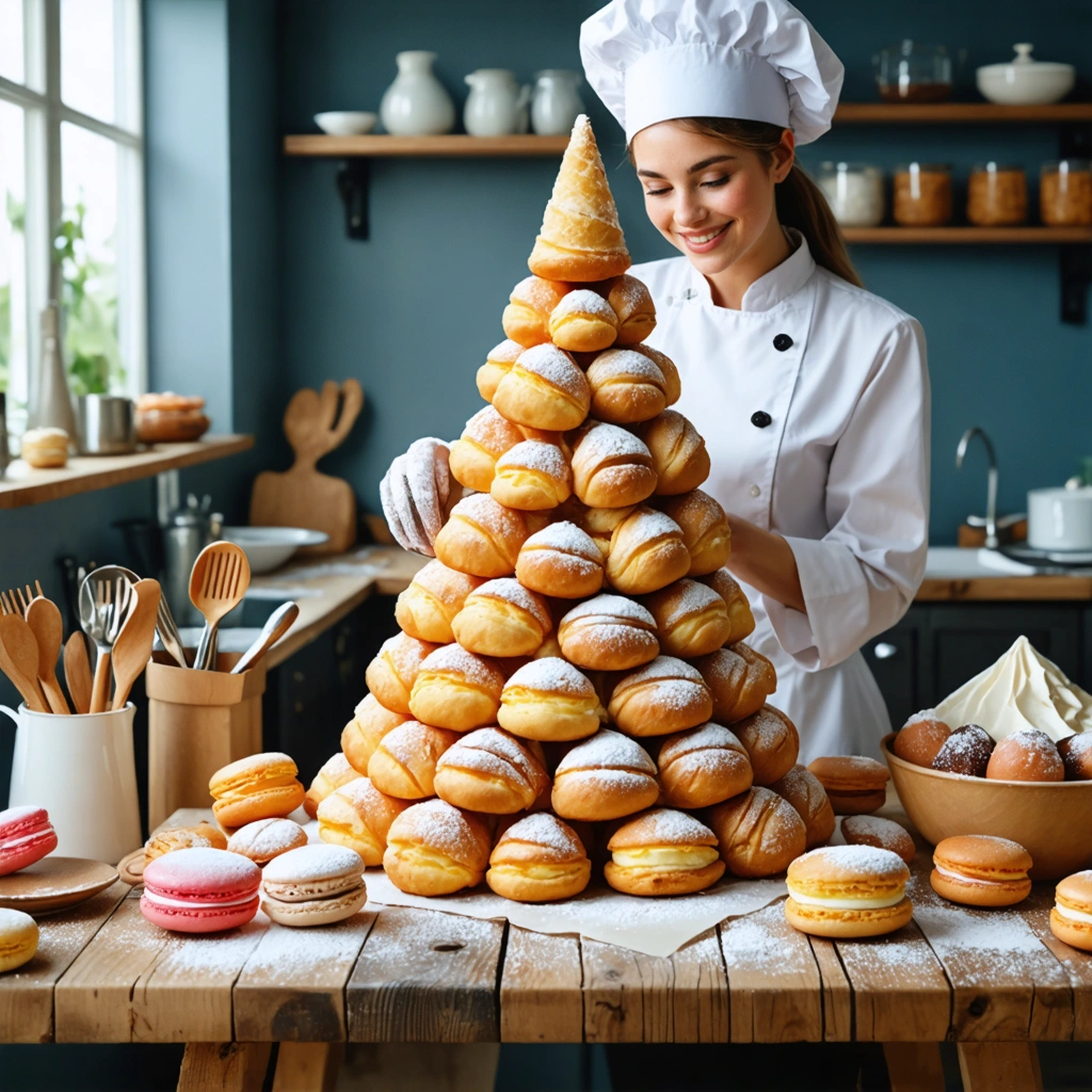 Une scène de cuisine réaliste montrant un cône en carton fait maison sur une table avec des choux, des ustensiles de pâtisserie colorés et une femme chef souriante en train de monter une pièce montée.