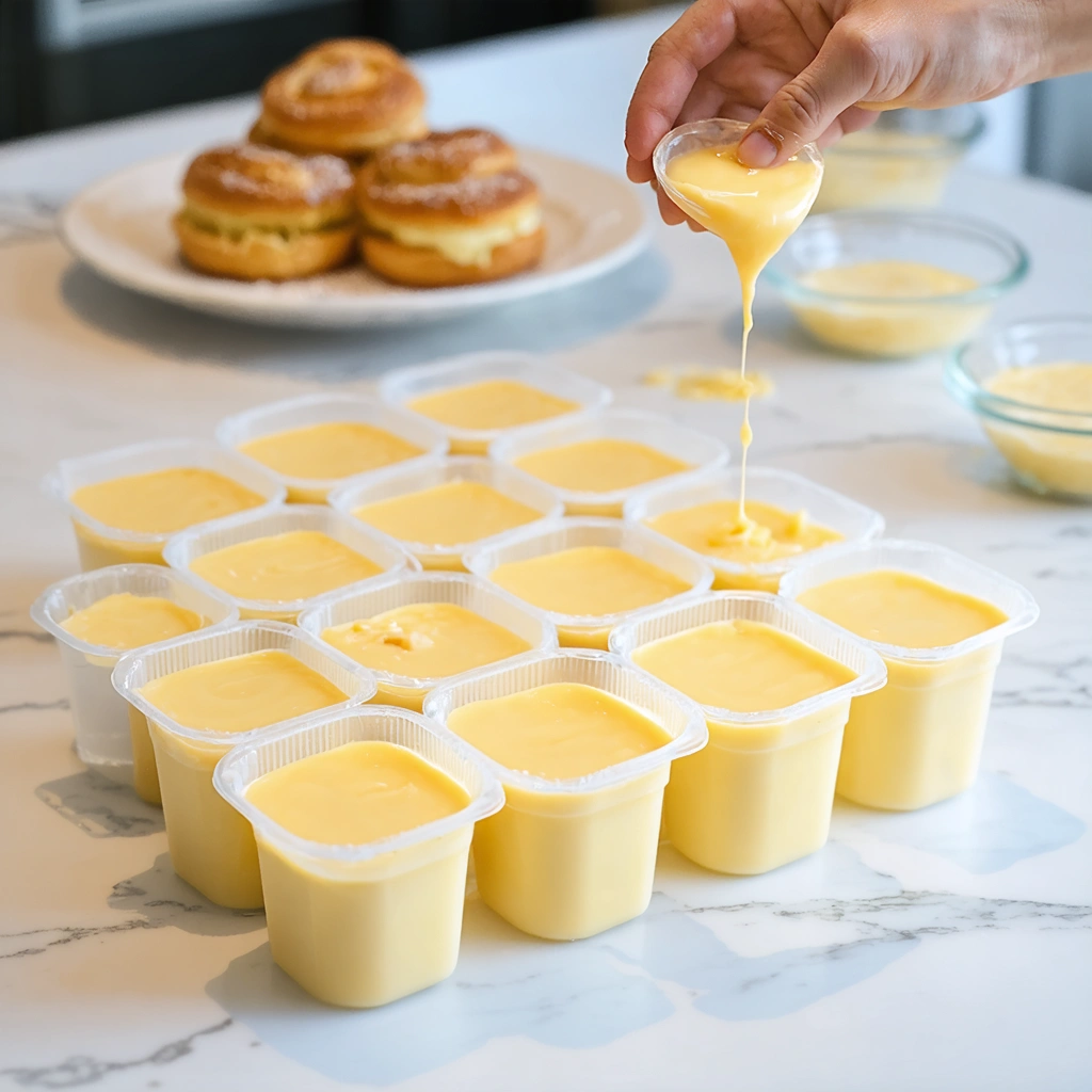 Crème pâtissière maison placée dans des récipients hermétiques sur un plan de travail, prête à être congelée, avec des pâtisseries françaises en arrière-plan