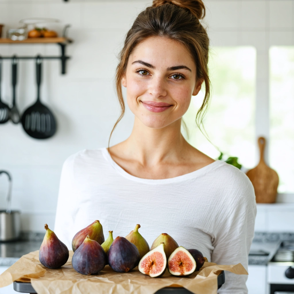 Noémie, une femme souriante dans sa cuisine, dépose des figues fraîches propres sur une plaque pour les congeler, entourée d'ustensiles de cuisine et d'une lumière chaleureuse.