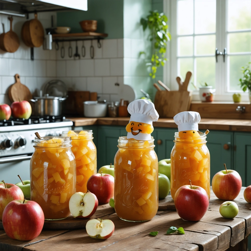 Bocaux de compote de pommes maison sur une table en bois, entourés de pommes fraîches, dans une cuisine ensoleillée.