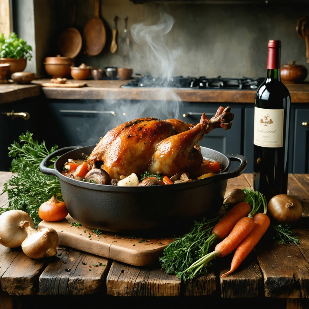 Plat de coq au vin mijoté avec légumes rustiques, servi dans une cocotte, accompagné d'une bouteille de vin rouge, posé sur une table en bois dans une ambiance chaleureuse.