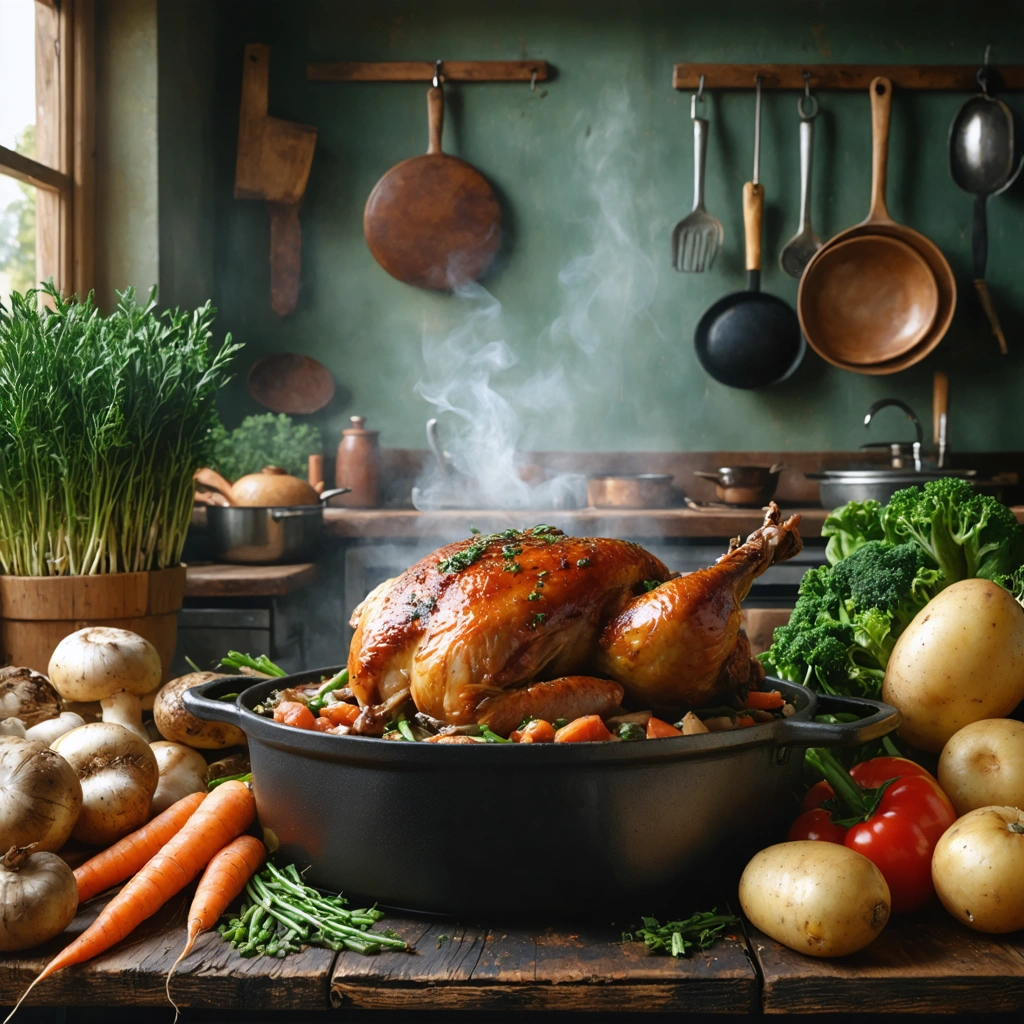 Un plat de coq au vin servi sur une table en bois rustique, entouré de légumes frais comme carottes, pommes de terre, champignons et haricots verts, dans une ambiance chaleureuse de cuisine française.