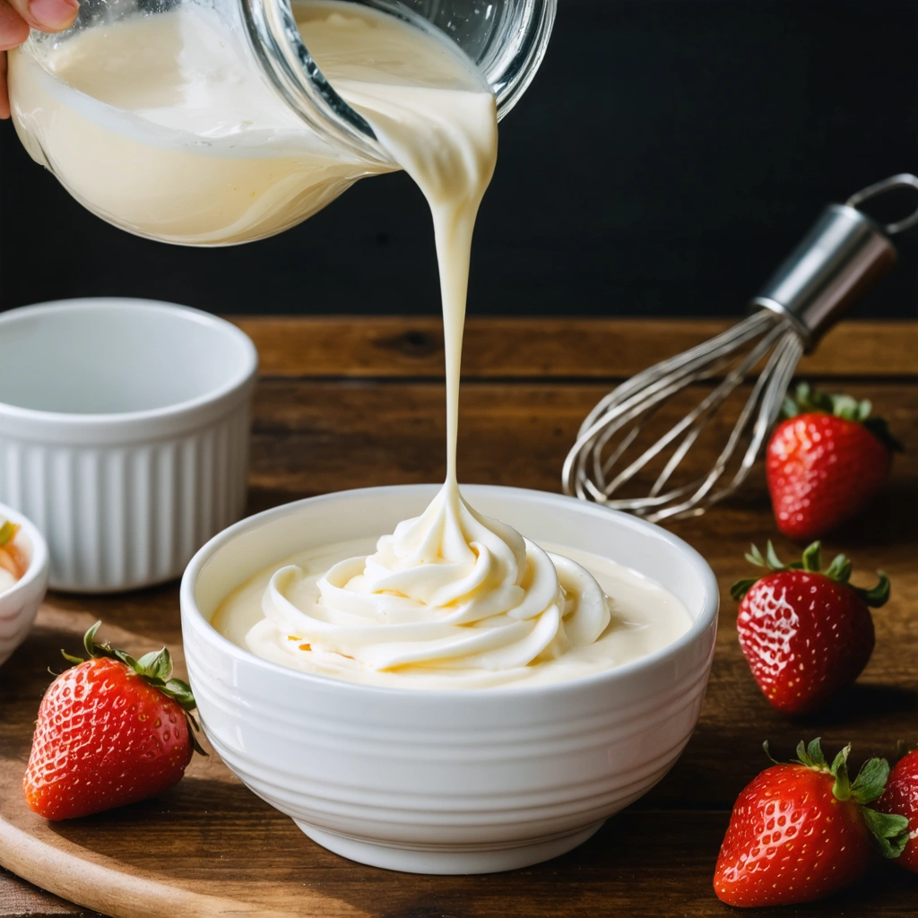 Crème fleurette versée dans un bol blanc sur une table en bois, avec une texture fluide et brillante, des fraises et un fouet posés à côté.