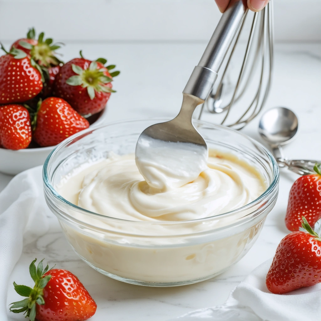 Vue rapprochée d'une crème mousseline onctueuse dans un bol en verre, brassée à la spatule, avec des fraises et des ustensiles de cuisine en arrière-plan.