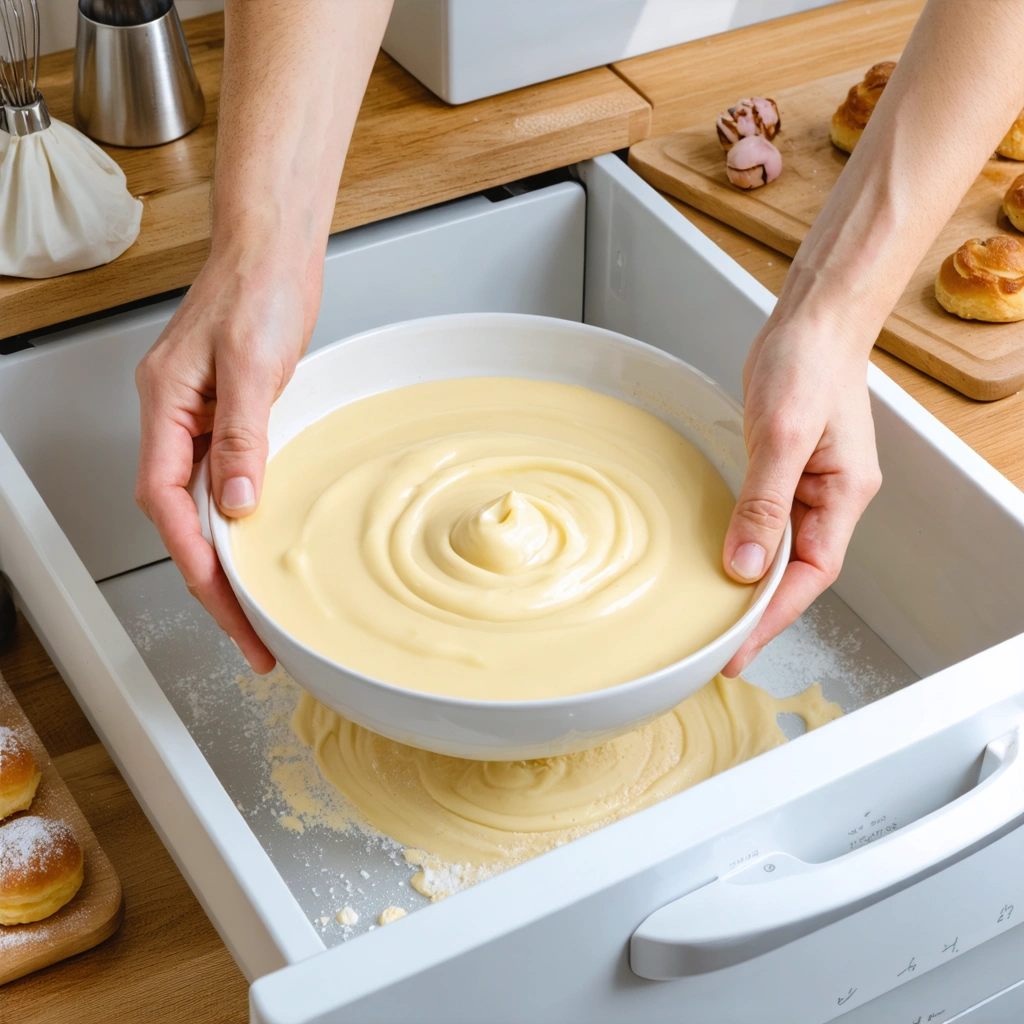 Une main place un bol de crème pâtissière onctueuse dans un tiroir de congélateur, avec des ustensiles de pâtisserie sur un plan de travail en bois.