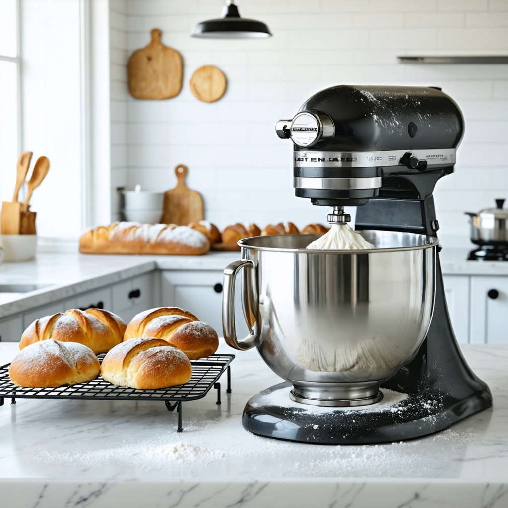 Un robot pâtissier KitchenAid avec crochet pétrisseur pétrissant une pâte à pain, avec des pains et brioches dorés tout juste sortis du four posés à côté.