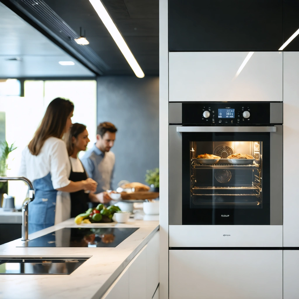 Des clients comparent différents fours modernes dans un magasin, dont un four à pyrolyse mis en avant, avec d'autres types de fours visibles en arrière-plan dans une cuisine lumineuse.