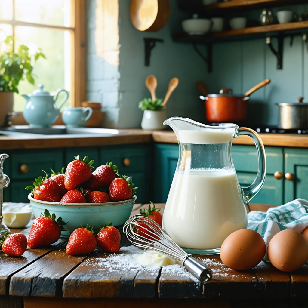 Une table de cuisine rustique avec un pot de crème fleurette, des œufs, un fouet et un bol de fraises, prête pour des recettes gourmandes.