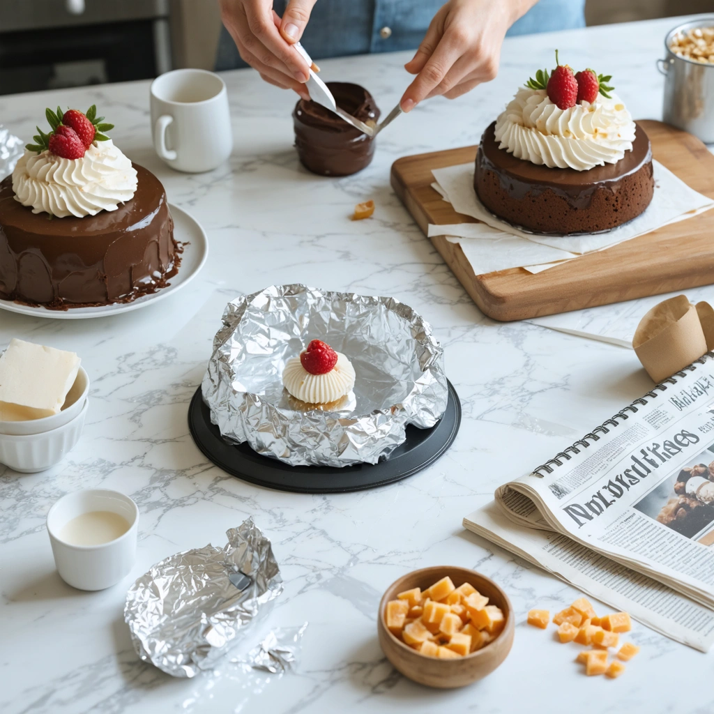Scène amusante en cuisine montrant une mousse ou un entremets couvert partiellement de papier aluminium, avec à côté des feuilles de classeur et du papier journal mis de côté, et en arrière-plan du papier cuisson propre, évoquant les erreurs à éviter pour réussir un dessert.