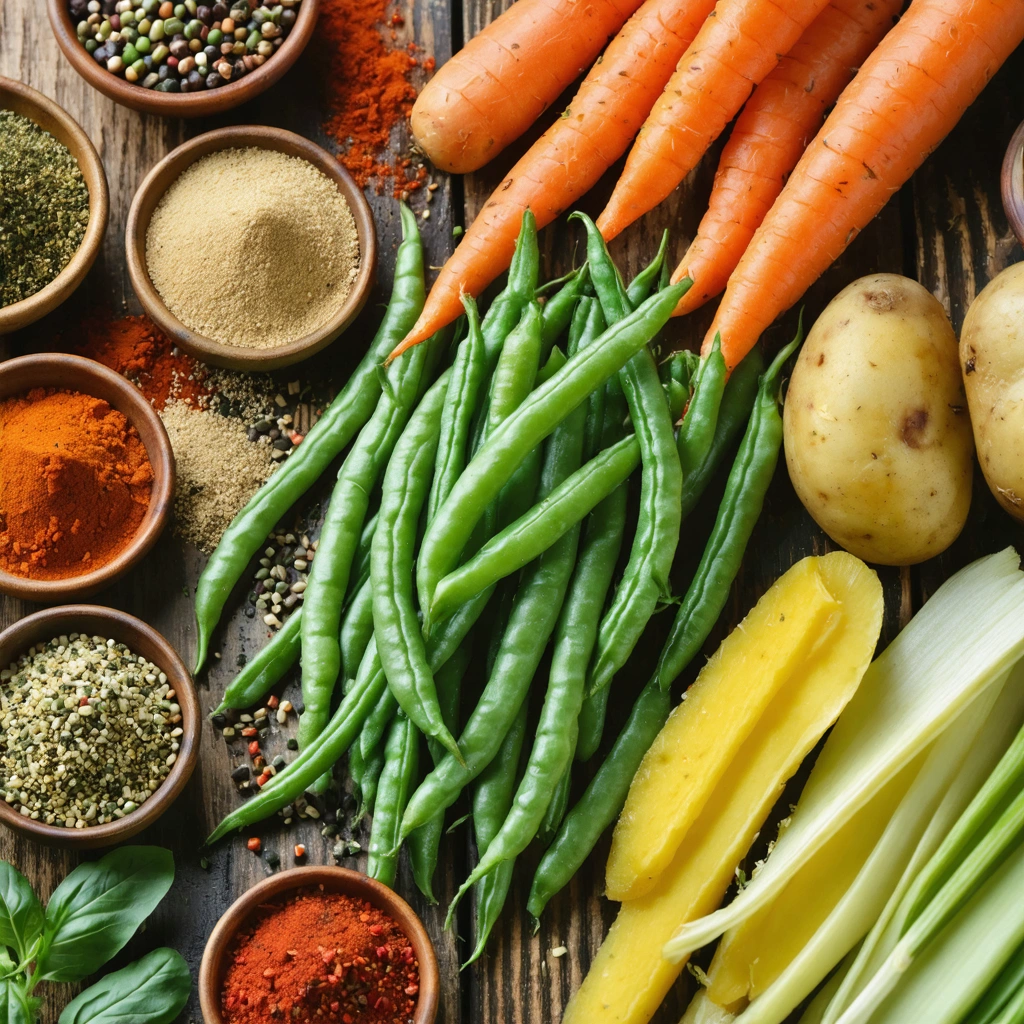 Légumes cuits à la vapeur sur une assiette, généreusement saupoudrés d’épices colorées et décorés d’herbes fraîches, avec des petits bols d’épices posés autour sur une table en bois.