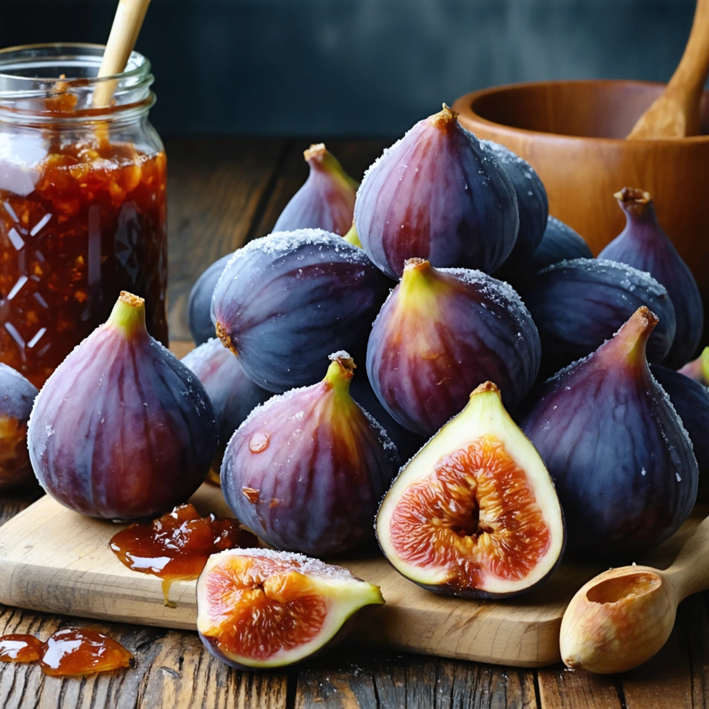 Figues fraîches congelées sur une table de cuisine, certaines entières et d'autres coupées, à côté d'un pot de confiture artisanale et d'accessoires de cuisine.
