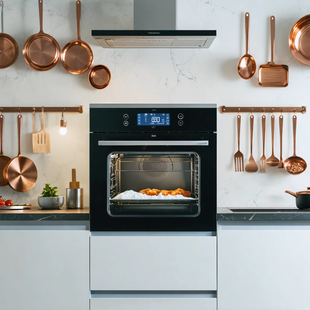 Un four moderne en mode pyrolyse affiche une porte verrouillée, un intérieur étincelant et quelques traces de cendres blanches ; la cuisine autour est propre et chaleureuse avec des casseroles en cuivre.