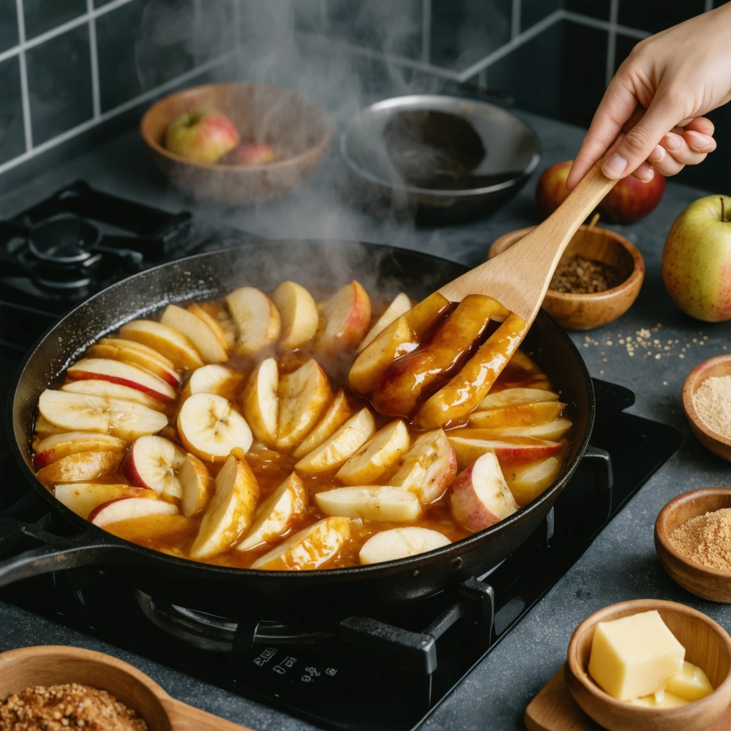 Une poêle en fonte remplie de fruits caramélisés, posée sur un plan de travail de cuisine, avec du sucre et du beurre en arrière-plan.
