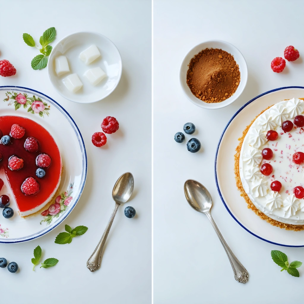 Scène partagée montrant à gauche des feuilles de gélatine avec un dessert raffiné de panna cotta et à droite de la gélatine en poudre accompagnée d’un cheesecake et d’une chantilly, illustrant la différence d’utilisation entre les deux formes de gélatine.