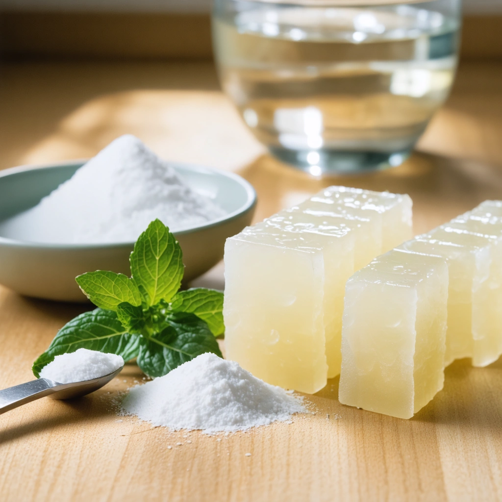 Comparaison sur un plan de travail entre de la gélatine en poudre dans une cuillère et des feuilles de gélatine à côté d'un bol d'eau, en ambiance cuisine.