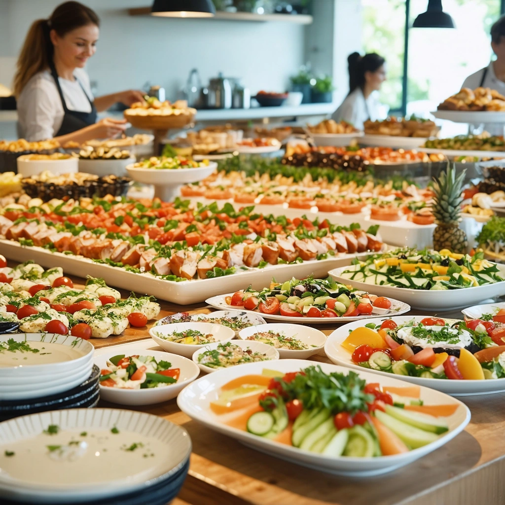Un grand buffet festif recouvert d'entrées froides, de salades colorées et de garnitures fraîches, dressé pour une vingtaine de personnes dans une cuisine lumineuse