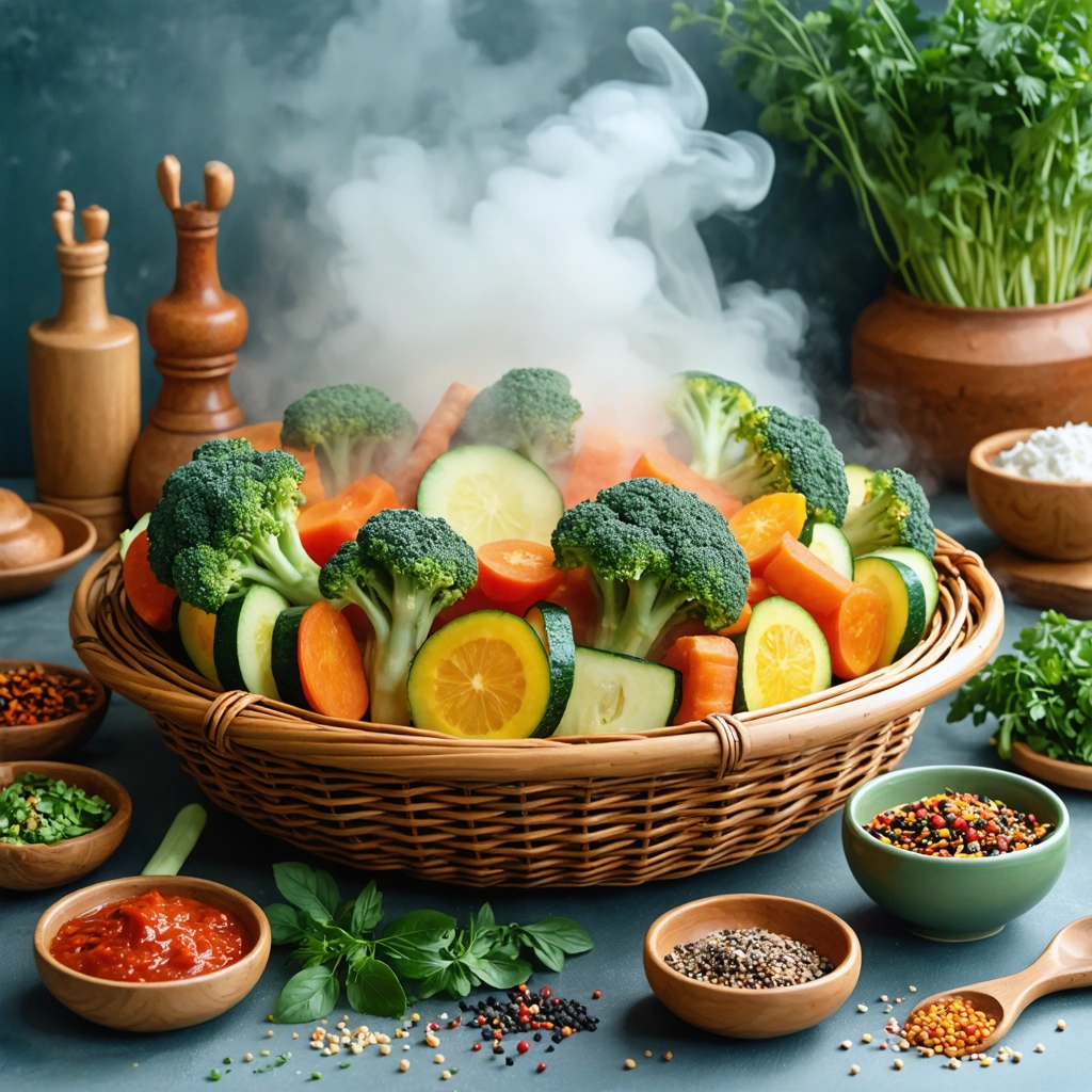 Assortiment de légumes vapeur joliment présentés, accompagnés de petites sauces et herbes fraîches sur une table en bois