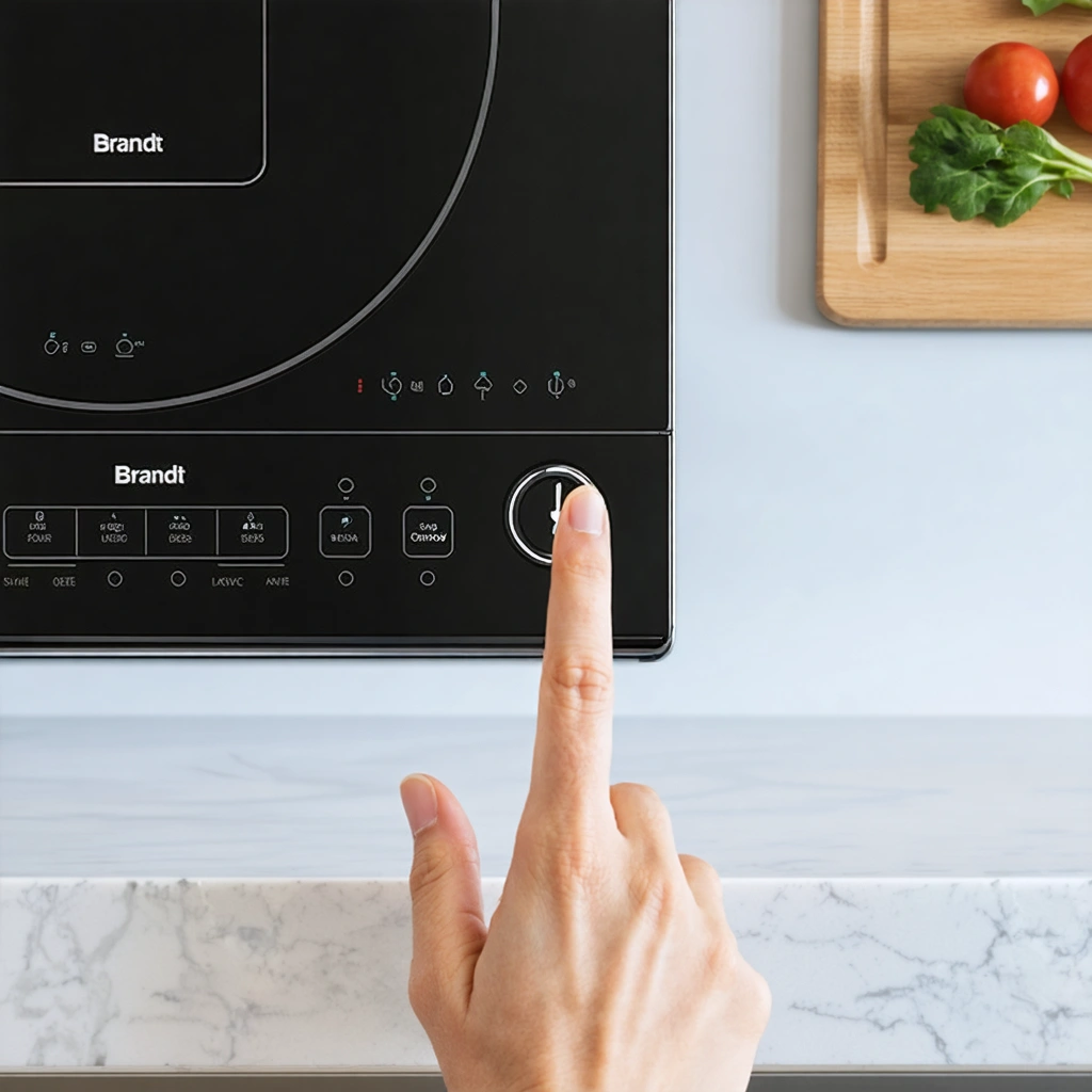 Main d'une femme appuyant sur l'icône de verrouillage d'une plaque induction Brandt dans une cuisine familiale, éclairée naturellement.