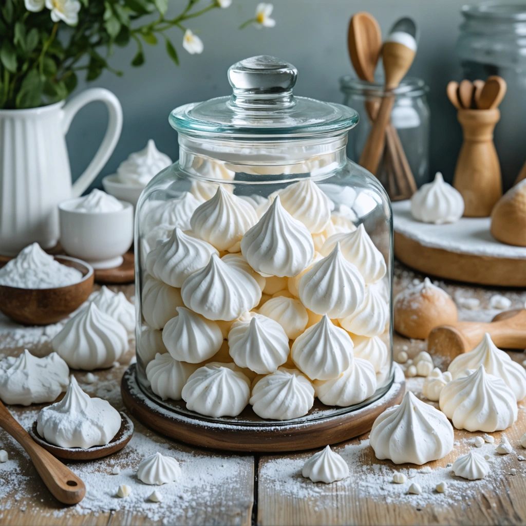 Meringues maison dans un bocal hermétique sur une table avec ingrédients de pâtisserie tout autour