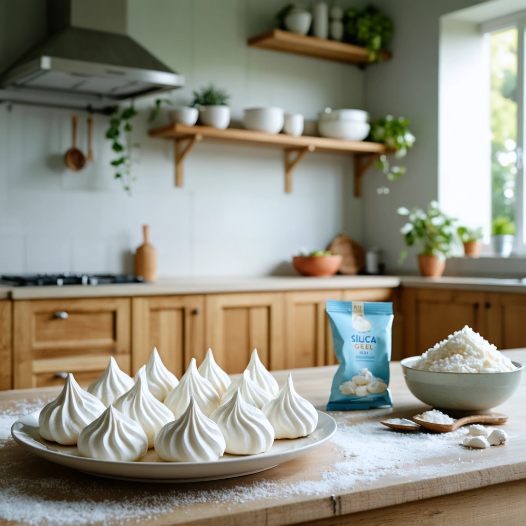 Des meringues croquantes posées sur un buffet dans une cuisine sèche, avec un sachet de gel de silice et un bol de riz en arrière-plan pour montrer la protection contre l'humidité.