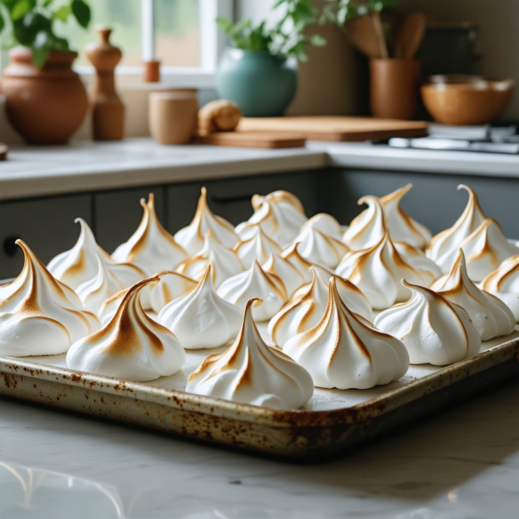 Meringue ratée sur une plaque de cuisson, plate, craquelée et brillante, dans une cuisine chaleureuse.