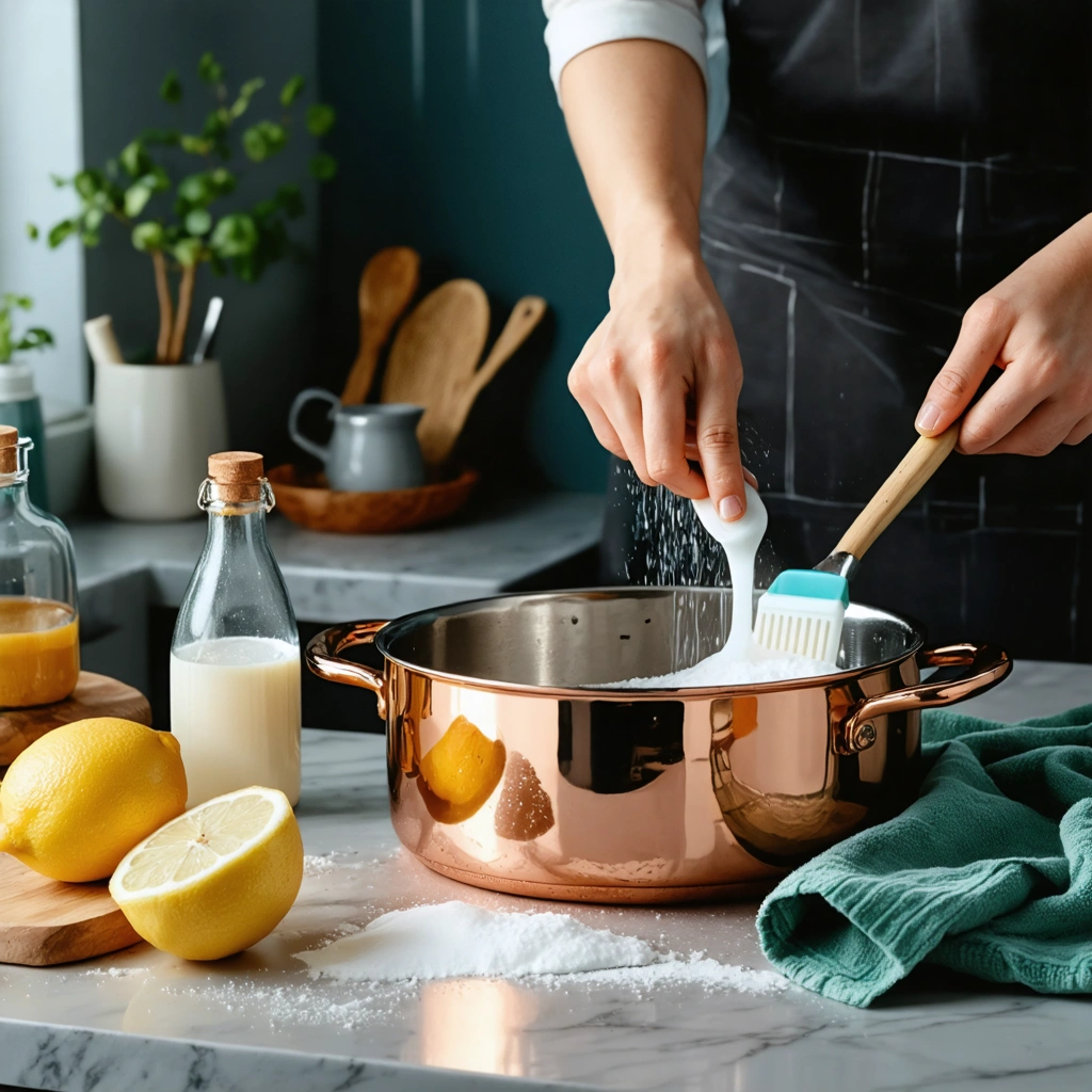 Personne en train de nettoyer une casserole en cuivre sur un plan de travail, entourée de produits naturels comme du citron, du bicarbonate de soude et du vinaigre, dans une cuisine chaleureuse.