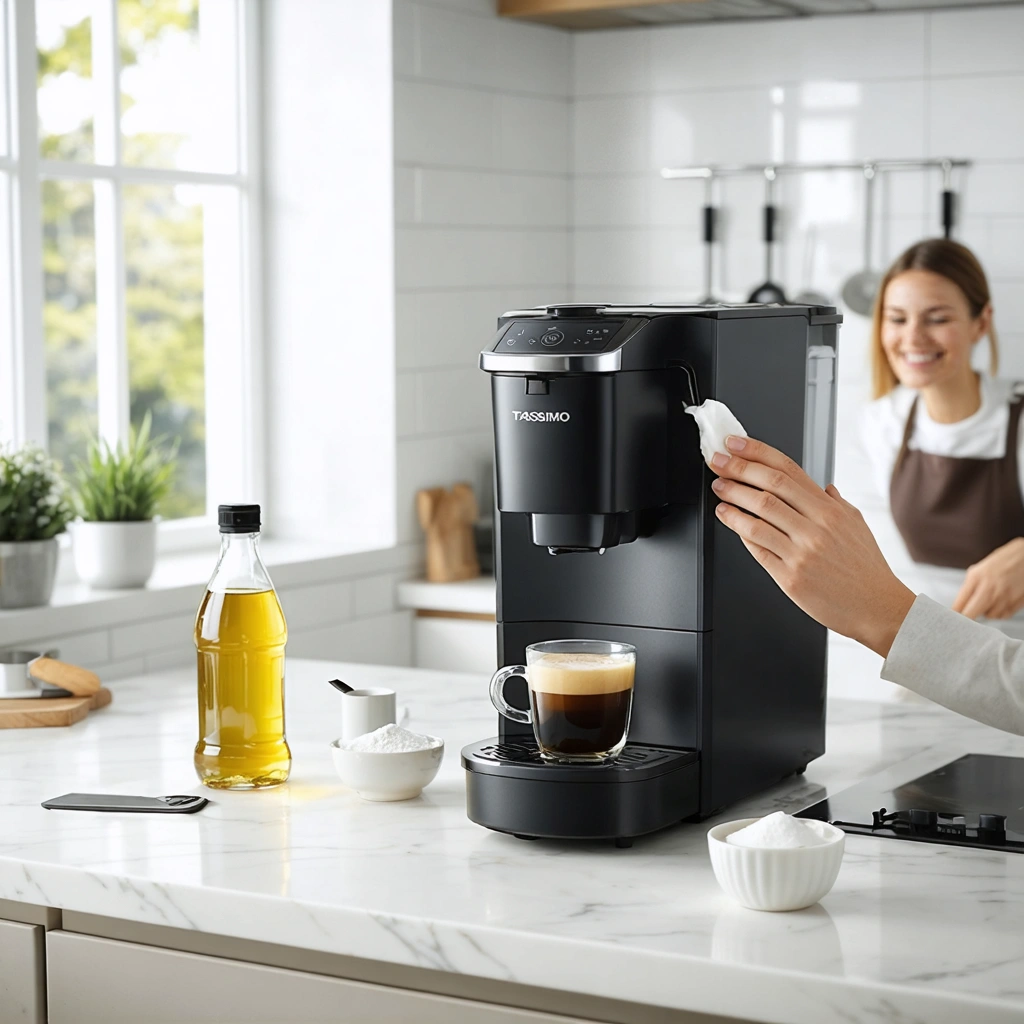 Femme nettoyant une machine Tassimo dans une cuisine ensoleillée, utilisant des outils maison sans le T-disc officiel
