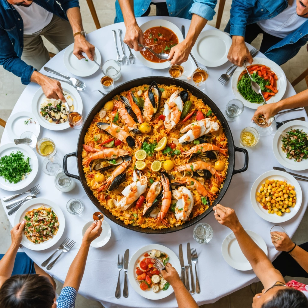 Vue du dessus d’une grande table conviviale où des personnes partagent une paella généreuse, avec des assiettes dressées et une ambiance chaleureuse.