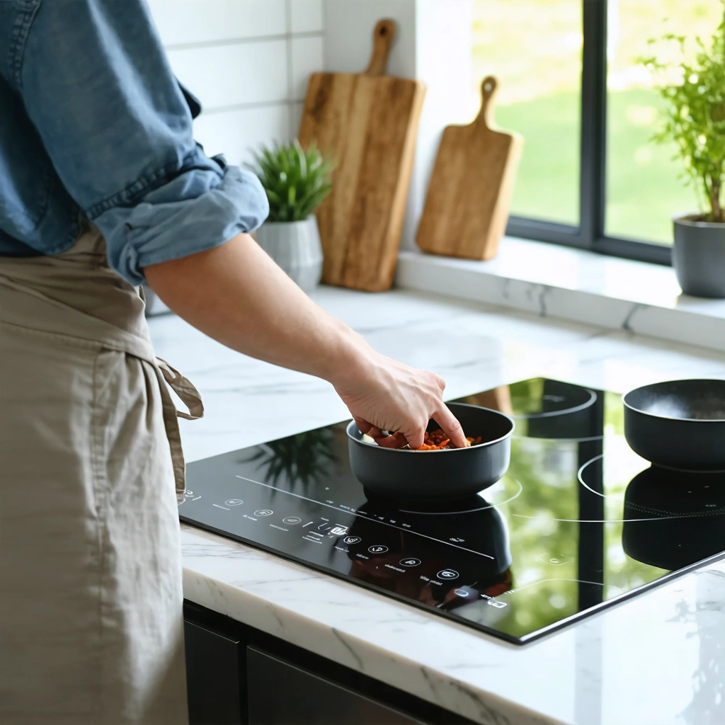 Photo réaliste d'une personne qui réinitialise une plaque à induction moderne dans une cuisine lumineuse.