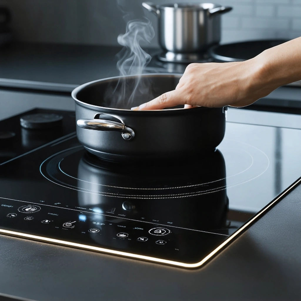 Une plaque à induction moderne affichant des lumières et des voyants d'erreur, avec une main prête à appuyer sur un bouton pour la réinitialiser, dans une cuisine chaleureuse.