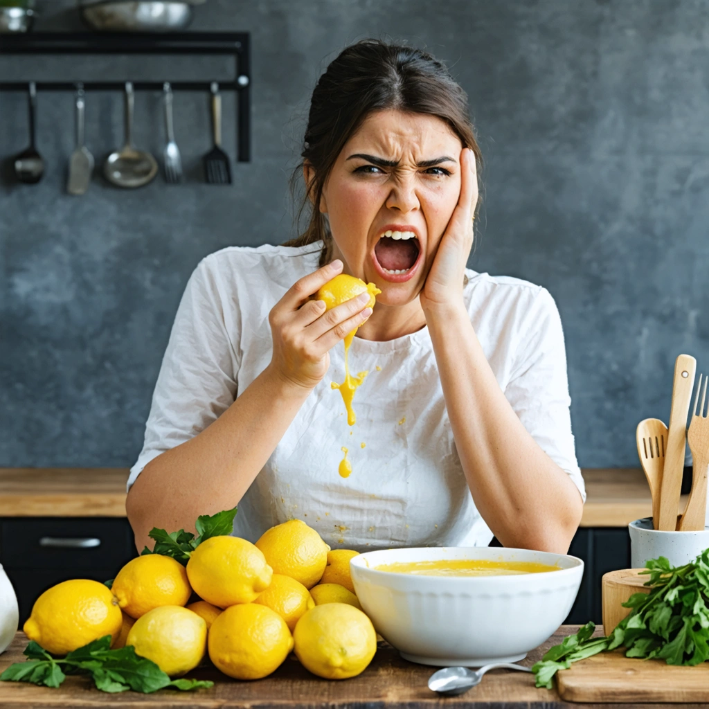 Personne en cuisine goûtant un plat trop citronné entourée de nombreux citrons sur un plan de travail.
