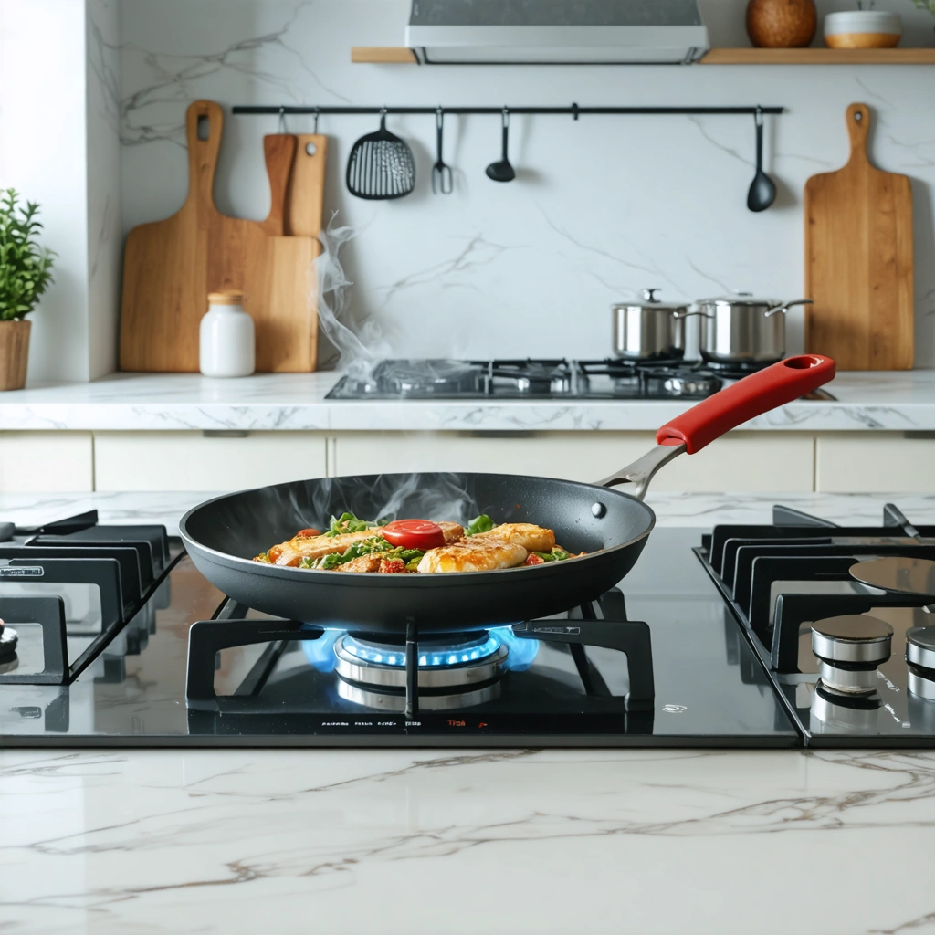 Poêle Tefal induction posée sur une plaque gaz, en pleine cuisson d’aliments dorés, avec une cuisine moderne en arrière-plan et une pastille Thermo-Spot visible.