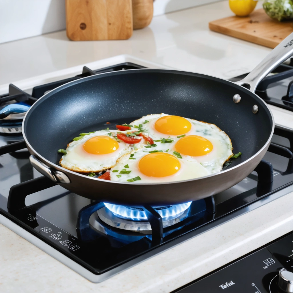 Poêle Tefal moderne posée sur une gazinière allumée, montrant sa compatibilité pour l'induction et la cuisson de légumes colorés.