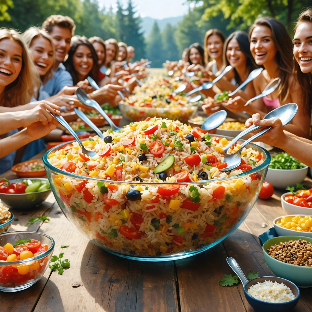 Salade de riz géante servie dans un saladier transparent, entourée de convives variés qui se servent lors d'un repas joyeux.