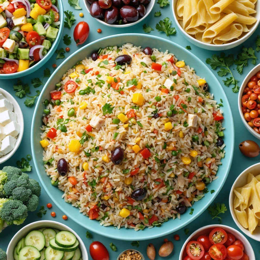 Grande salade de riz colorée et garnie de légumes, thon et olives, présentée au centre d’une grande table conviviale entourée de personnes prêtes à partager un repas festif, avec d'autres salades en arrière-plan.