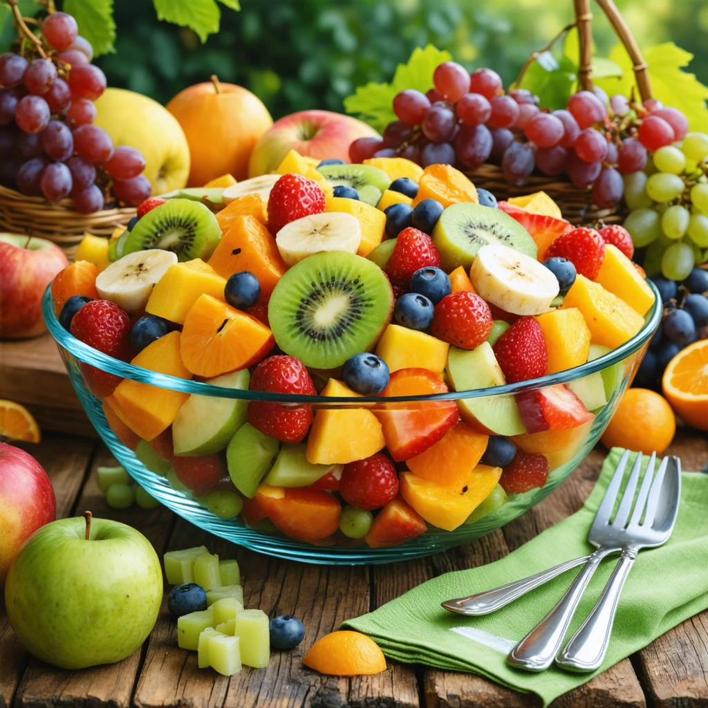 Un grand saladier transparent rempli de salade de fruits avec des pommes, bananes, kiwis, raisins et oranges, posé sur une grande table de fête entourée d’invités joyeux.