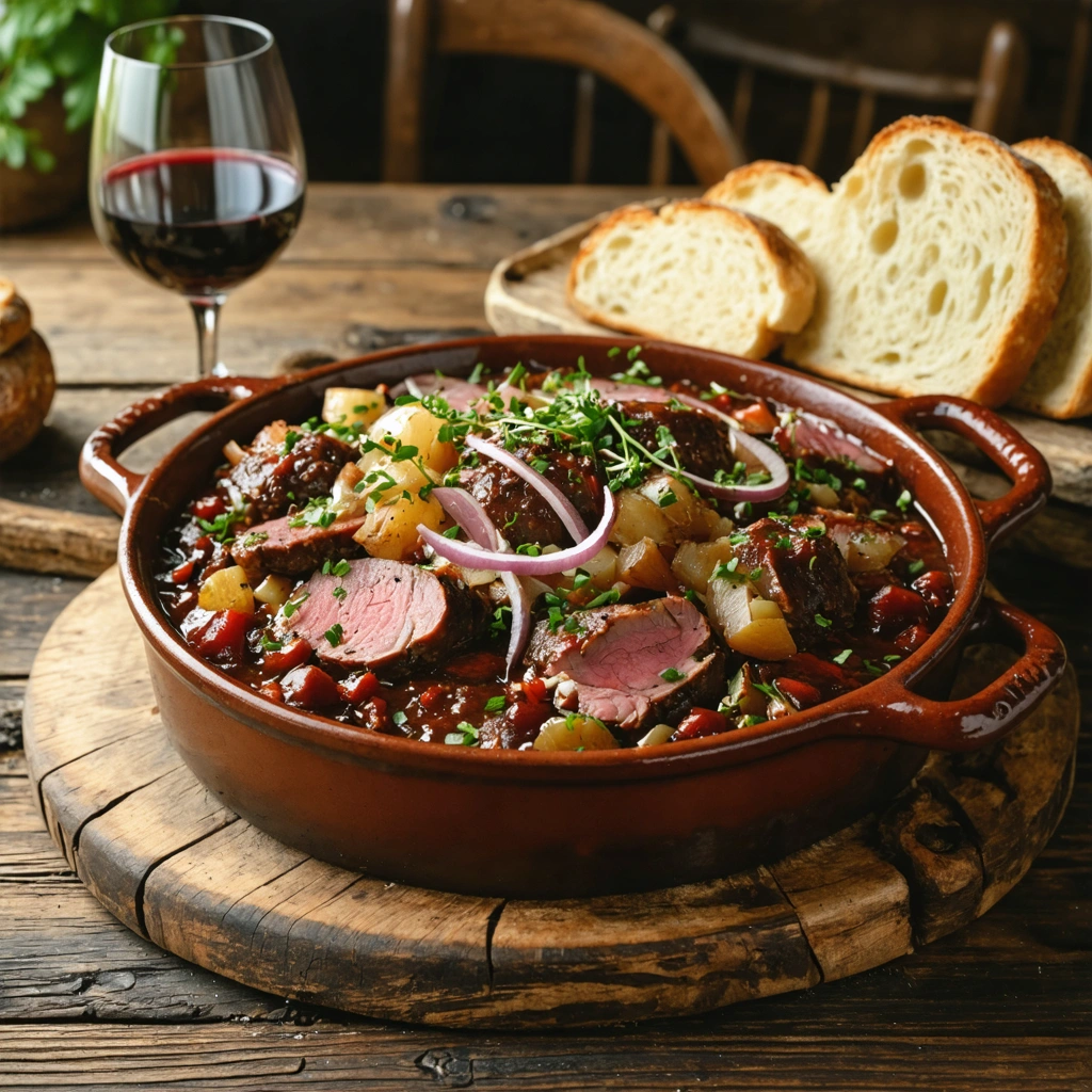 Une sanquette maison servie sur une table rustique, accompagnée de pain campagnard et d'un verre de vin rouge, décorée d'herbes fraîches.