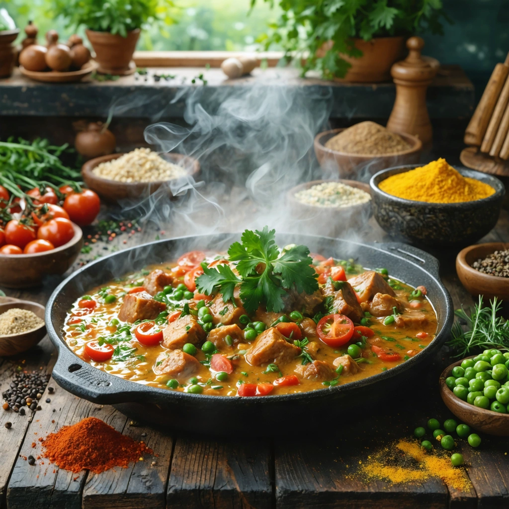 Plat de sanquette présenté sur une table en bois, décoré d'herbes fraîches et entouré de petits bols d'épices variées, de tomates en dés et de petits pois.