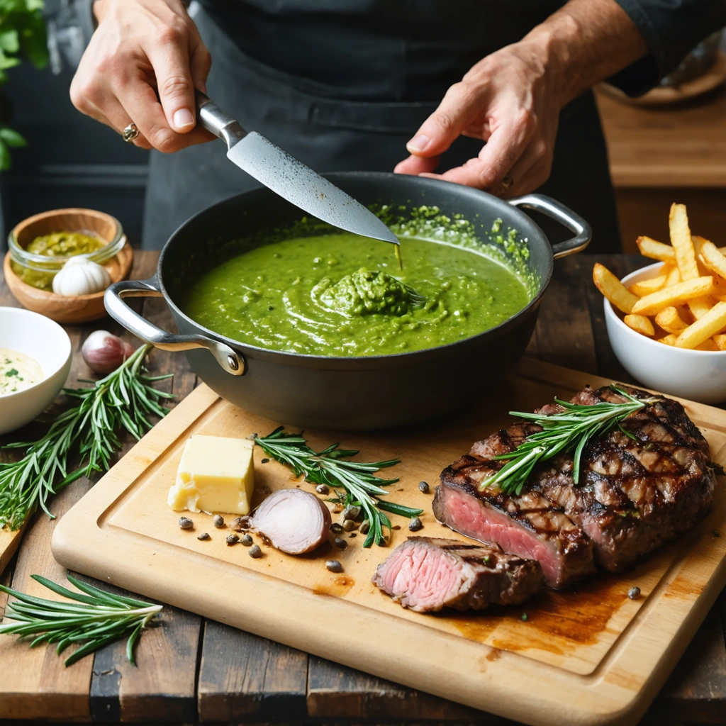 Une cuisinière française prépare une sauce verte crémeuse pour entrecôte avec des herbes fraîches et des ingrédients sur une table, devant un steak et des frites maison.