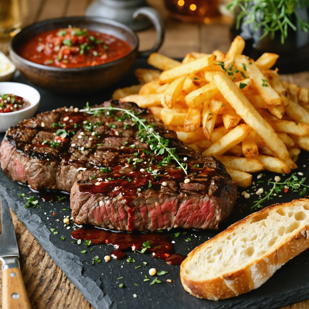 Une table conviviale à la maison dressée comme au restaurant, avec une viande nappée de sauce chaude, des frites maison croustillantes, du pain et des herbes fraîches en décoration.