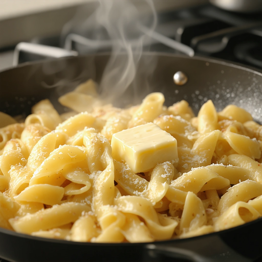 Spaetzle moelleux en train d’être réchauffés dans une poêle avec du beurre fondant, entourés de vapeur et d’une ambiance cuisine chaleureuse