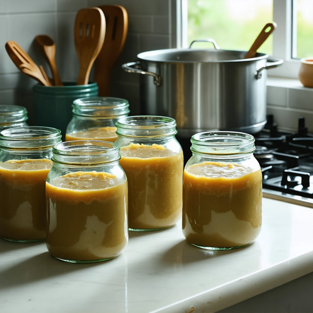 Une rangée de bocaux en verre propres remplis de pâté maison déjà cuit, disposés sur un plan de travail de cuisine, avec une grande marmite d’eau bouillante à côté et quelques ustensiles culinaires, illustrant la préparation à la stérilisation.